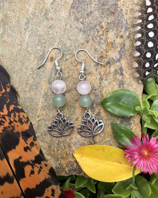 rose quartz green adventurine lotus earrings