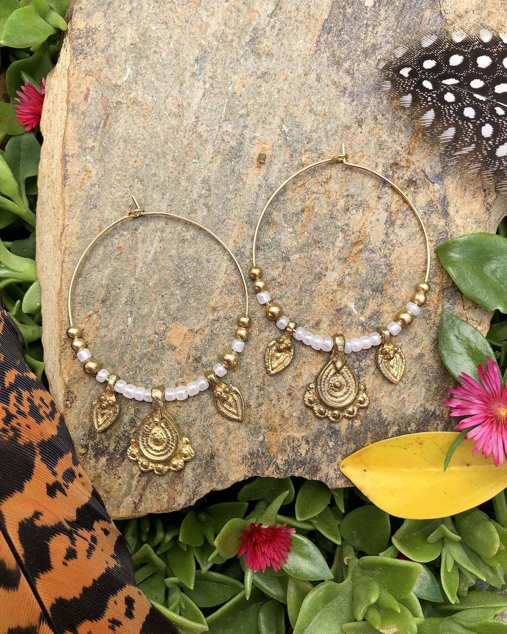 beaded gold tribal brass hoop earrings