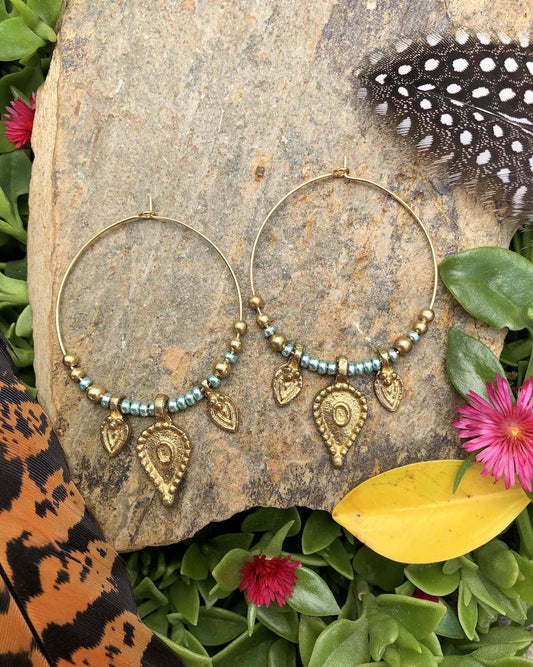 beaded gold tribal brass hoop earrings