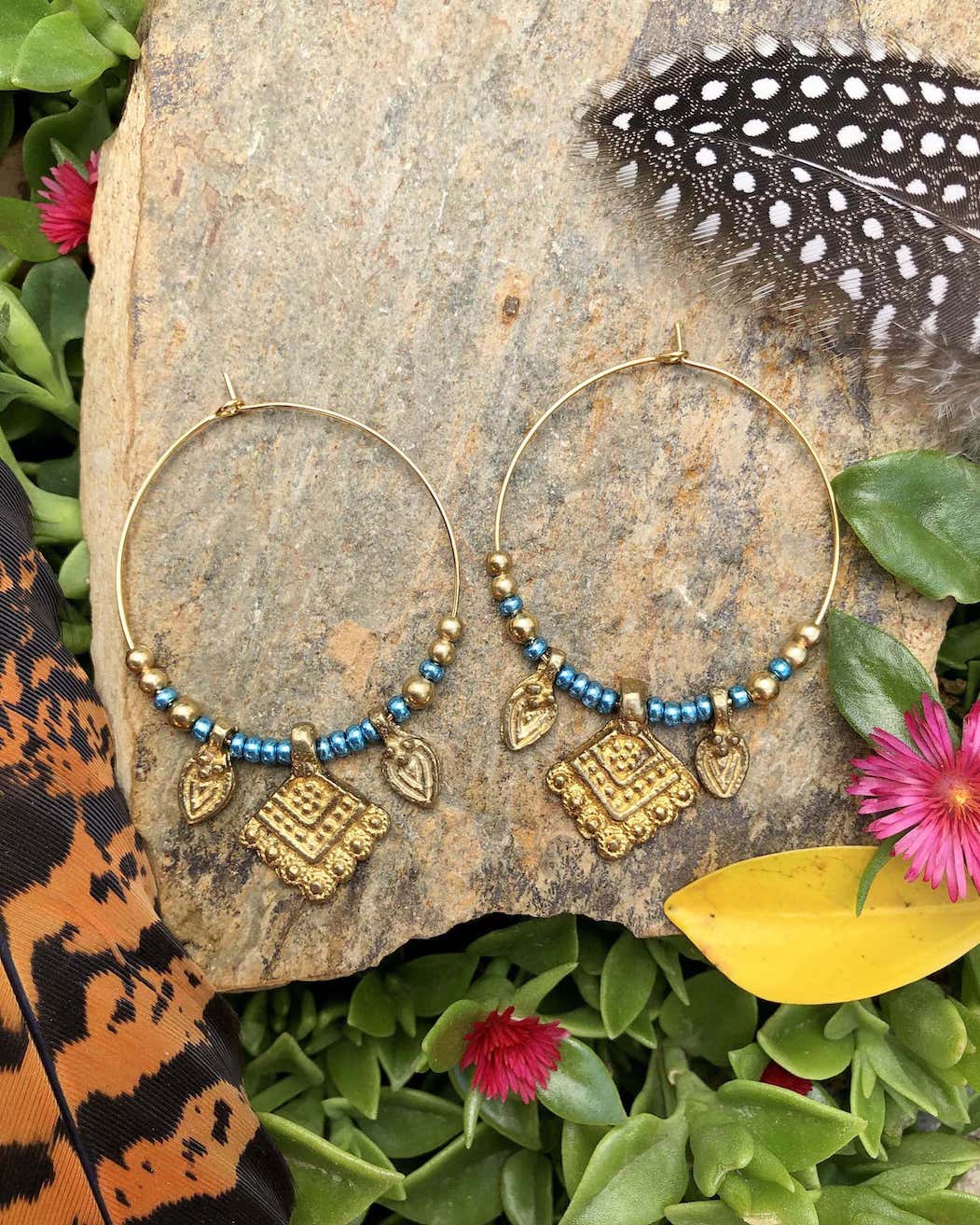 beaded gold tribal brass hoop earrings