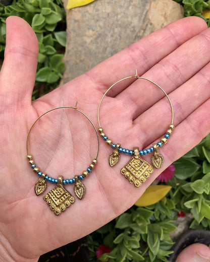 beaded gold tribal brass hoop earrings