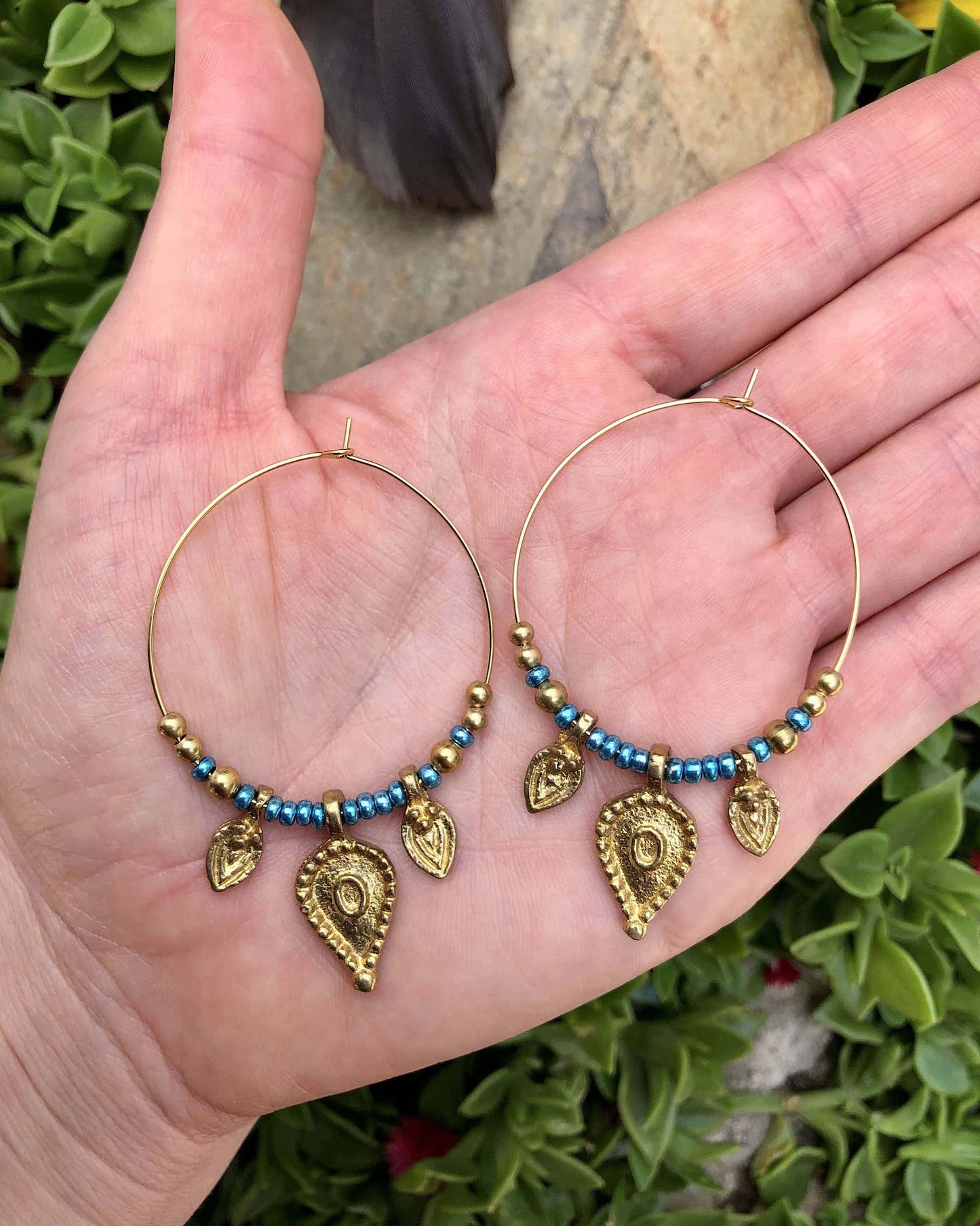 beaded gold tribal brass hoop earrings