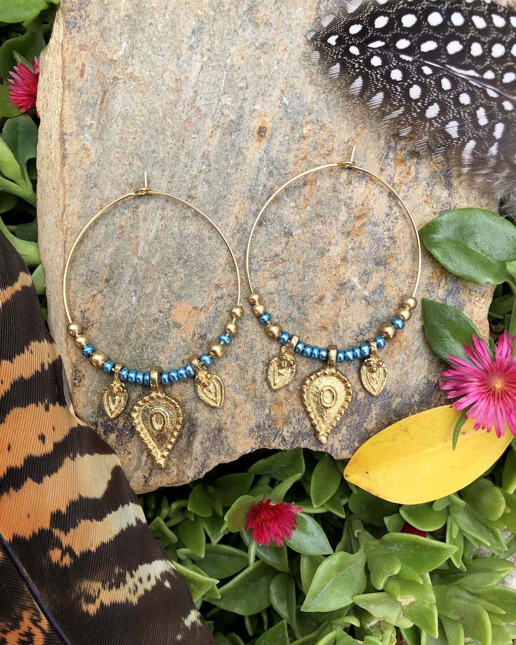 beaded gold tribal brass hoop earrings