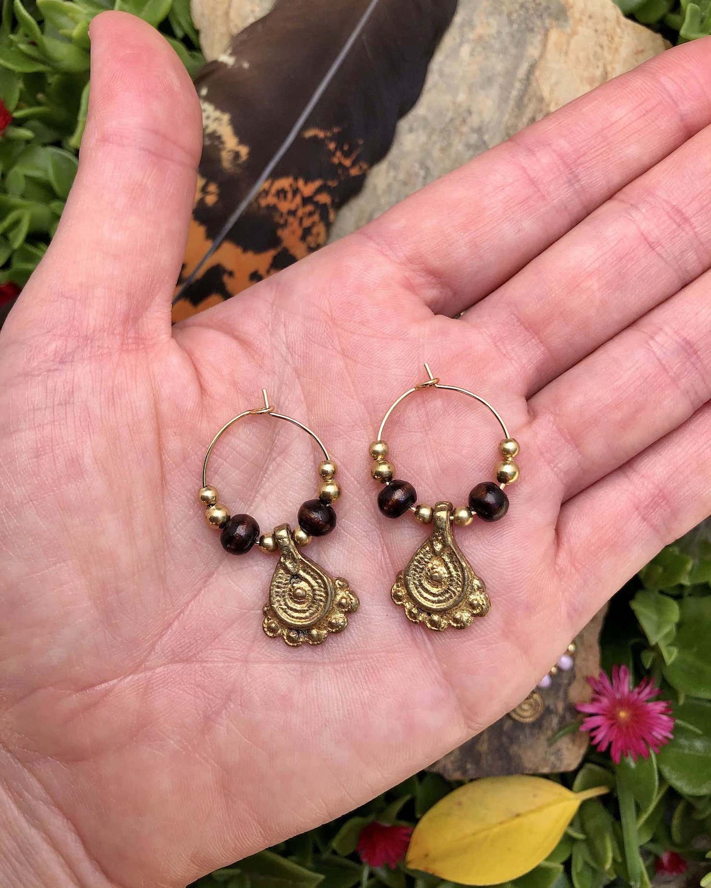 beaded gold tribal brass hoop small earrings