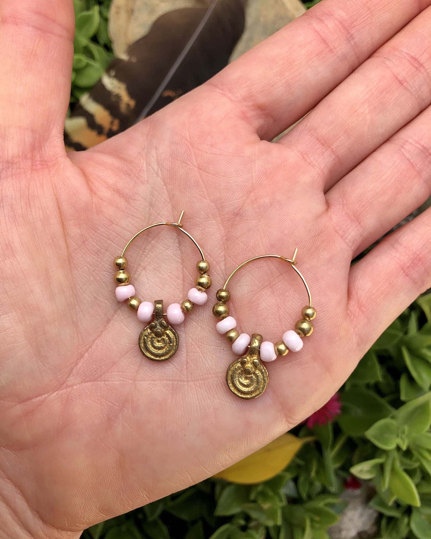 beaded gold tribal brass hoop small earrings