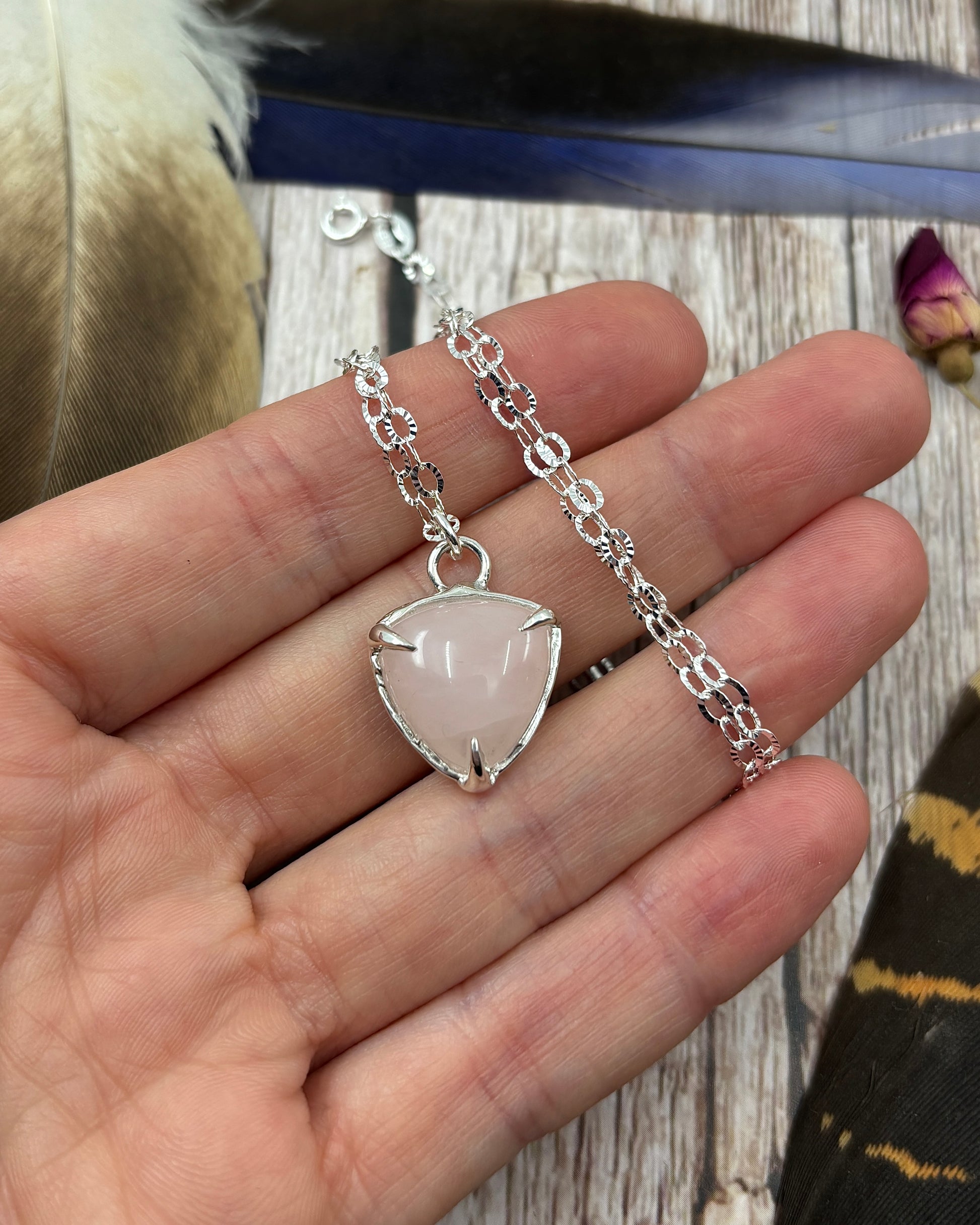 Sterling Silver triangle Rose Quartz Pendant