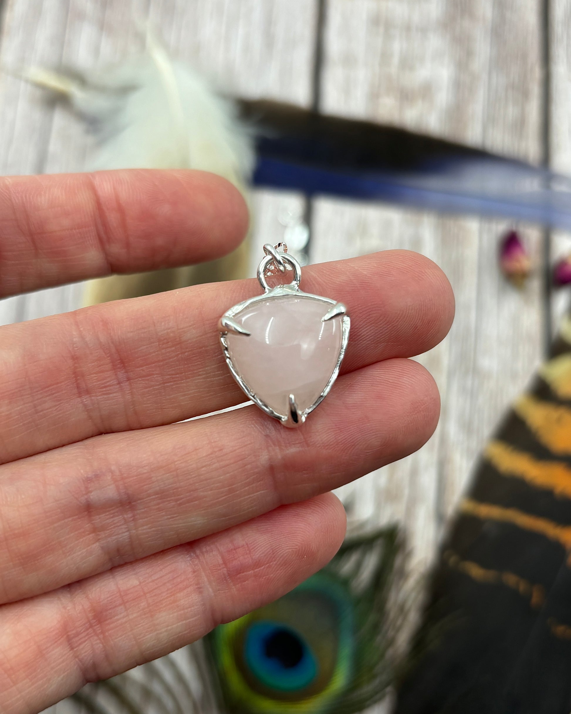 Sterling Silver triangle Rose Quartz Pendant