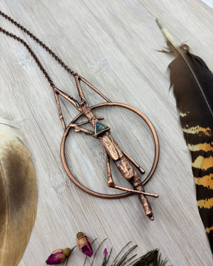 REAL Stick Insect Pendant With Triangle Labradorite - Copper Electroformed