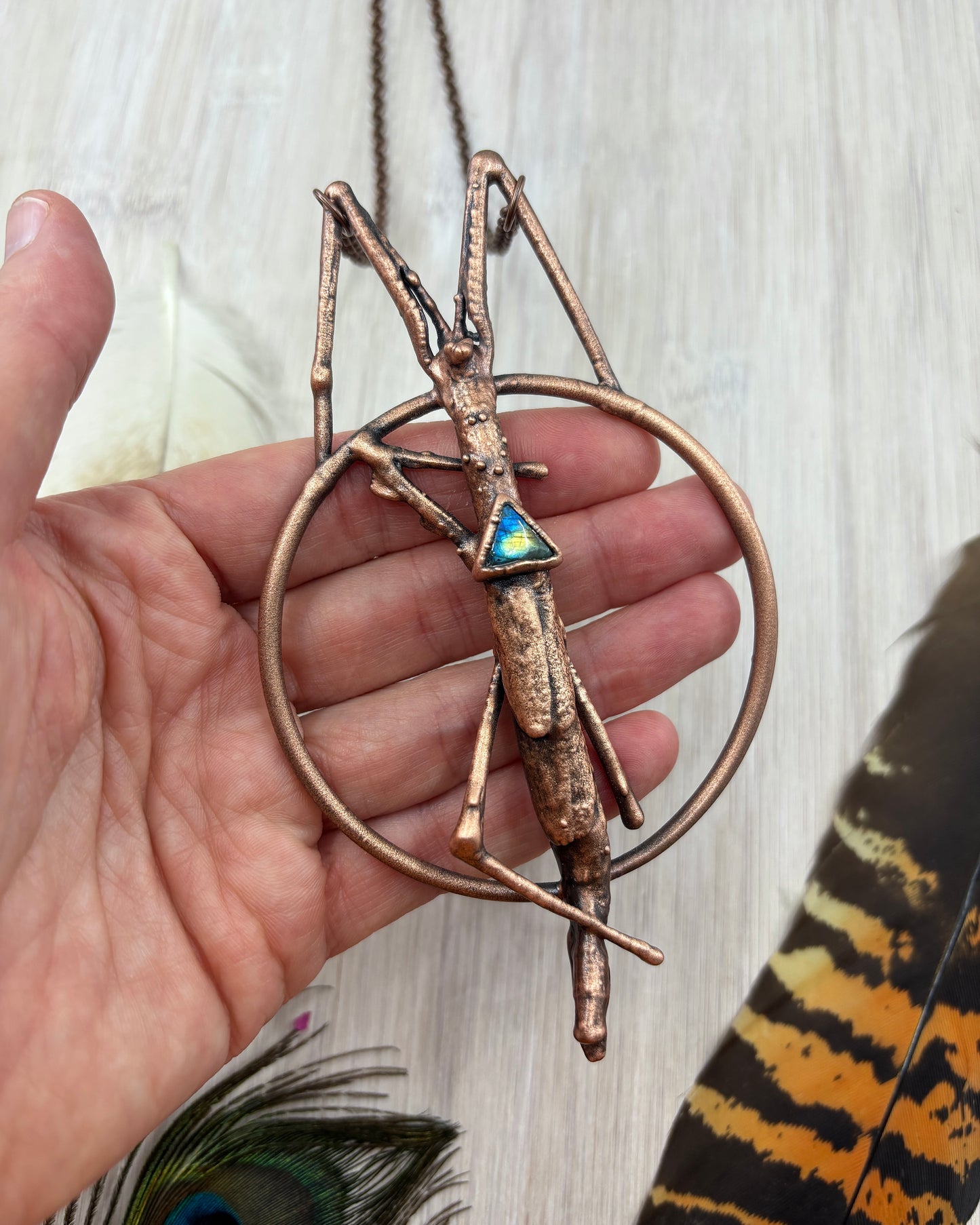 REAL Stick Insect Pendant With Triangle Labradorite - Copper Electroformed