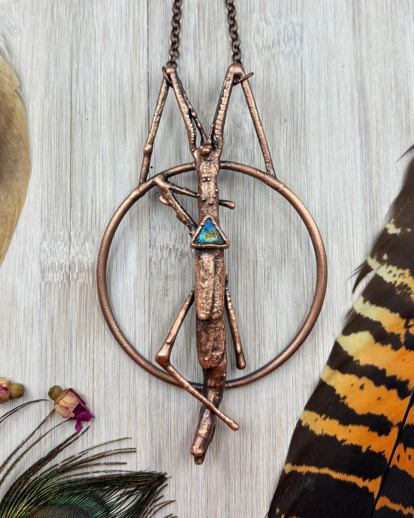 REAL Stick Insect Pendant With Triangle Labradorite - Copper Electroformed