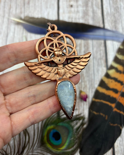 Egyptian Goddess Necklace with Seed Of Life & Rainbow Moonstone - Electroformed