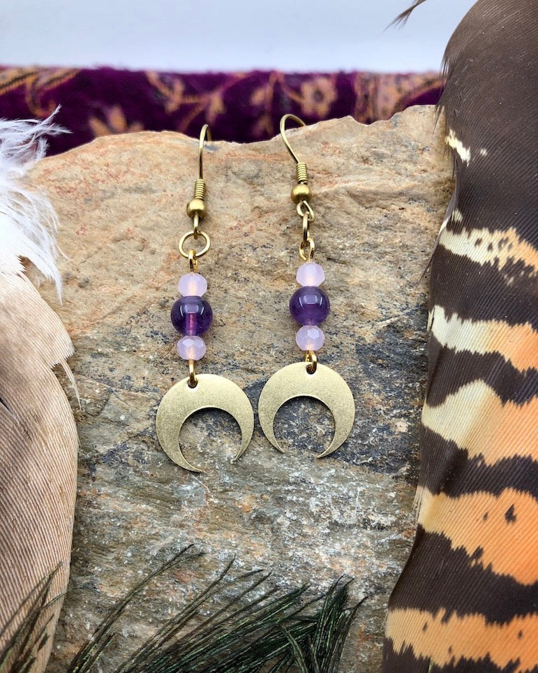 Crescent Moon Macrame shops Celestial Earrings | Opal Amethyst Moonstone