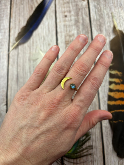 Brass Crescent Moon Labradorite Adjustable Ring - 2