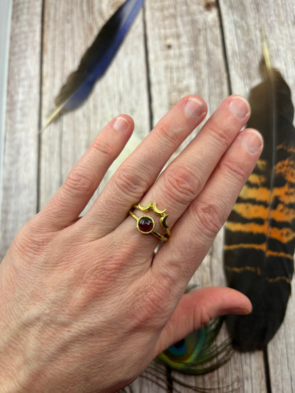 Brass Crescent Moon Garnet Adjustable Ring