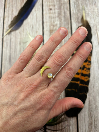 Brass Crescent Moon Rainbow Moonstone Adjustable Ring