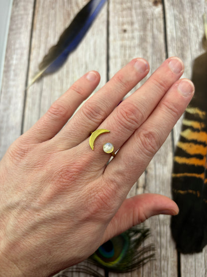 Brass Crescent Moon Rainbow Moonstone Adjustable Ring - 2