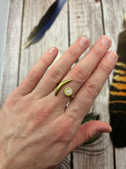 Brass Crescent Moon Rainbow Moonstone Ring - Adjustable