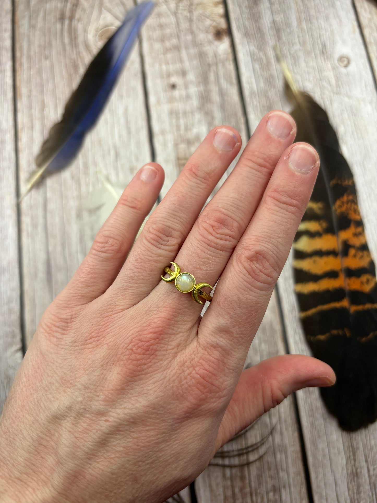 Brass Double Crescent Moon Rainbow Moonstone Ring - Adjustable