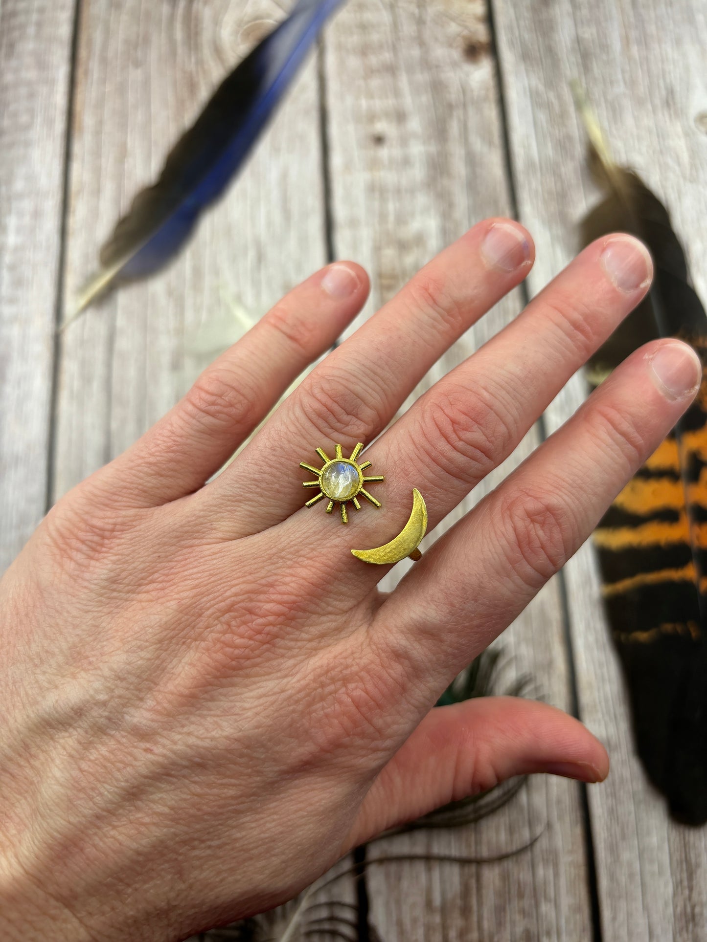 Brass Sun / Crescent Moon Rainbow Moonstone Ring - Size 7