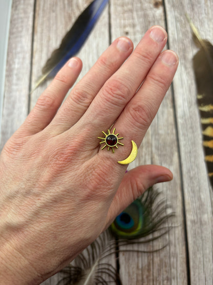 Brass Sun / Crescent Moon Garnet Ring - Size 7