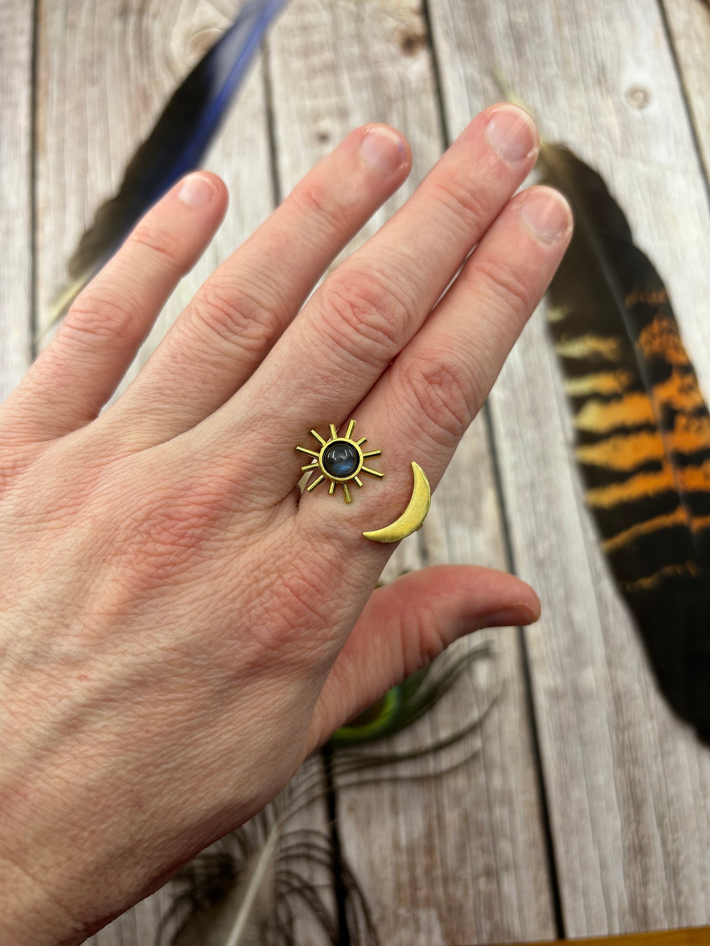 Brass Sun / Crescent Moon Labradorite Ring - Size 7