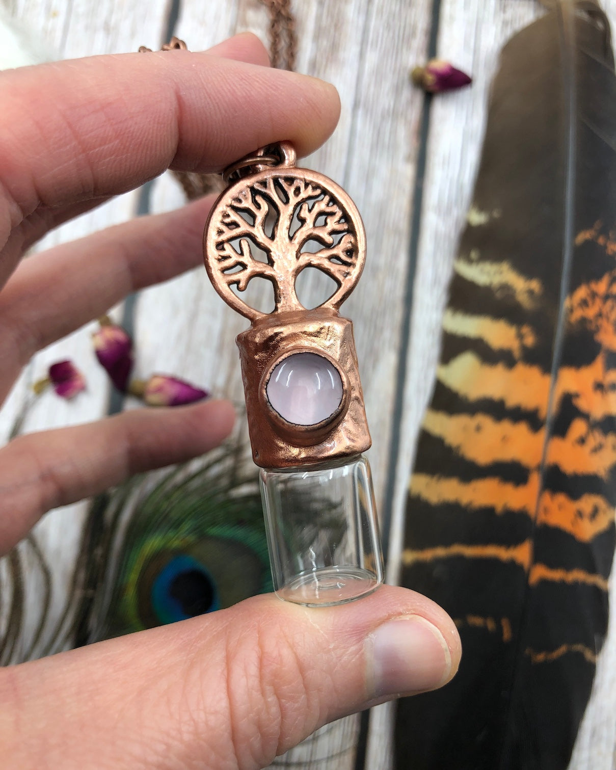 copper urn necklace for ashes with rose quartz & tree of life