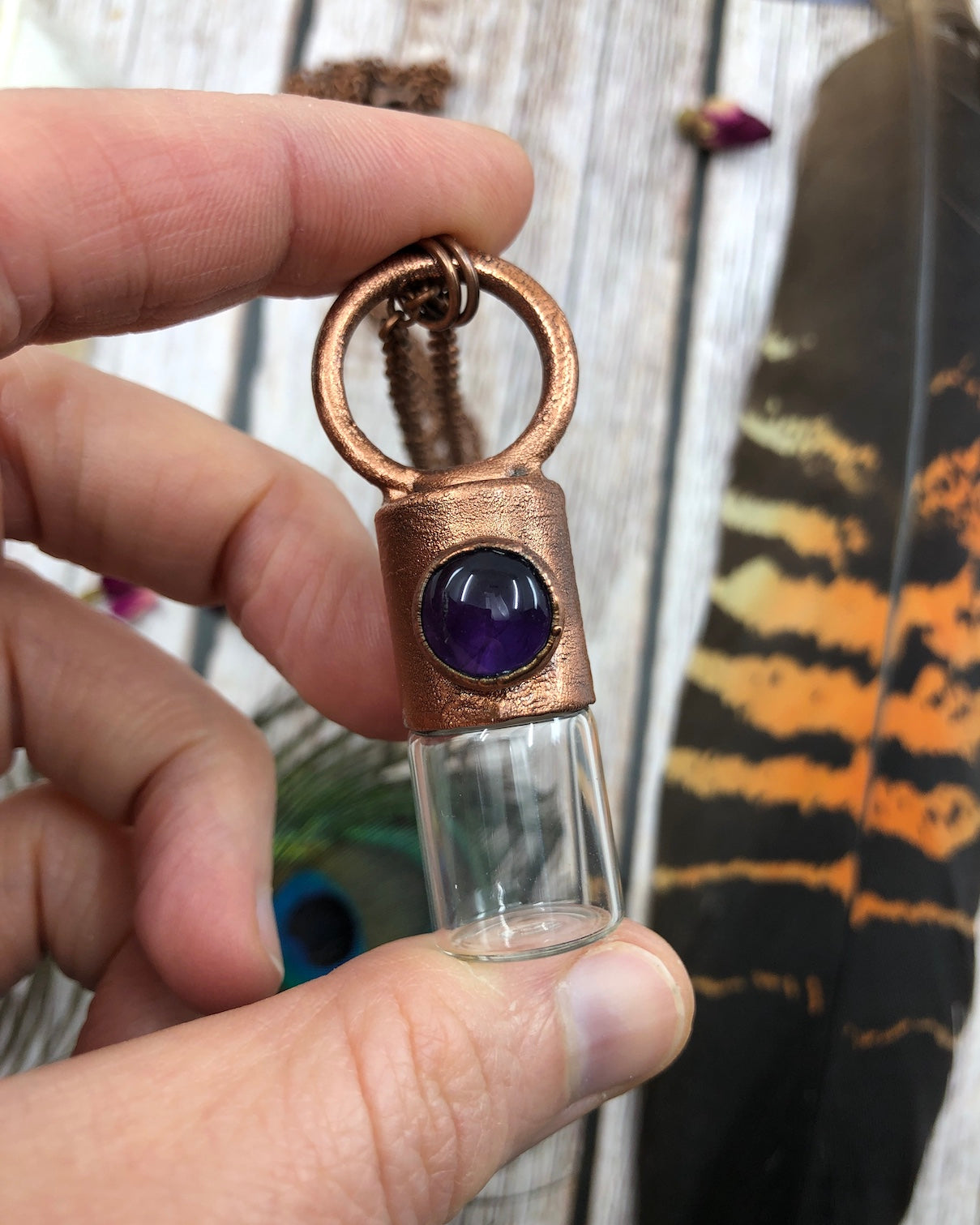 copper urn necklace for ashes with amethyst