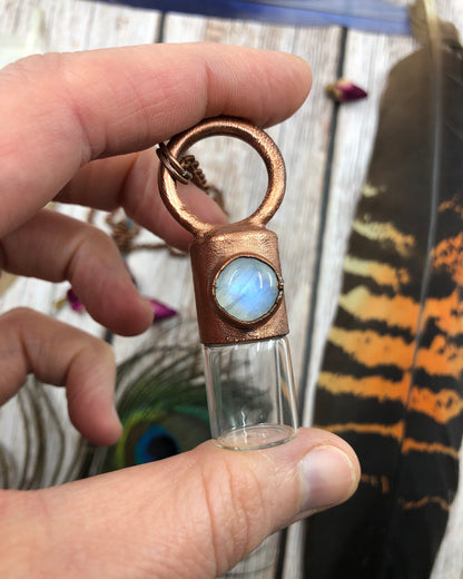 copper urn necklace for ashes with rainbow moonstone