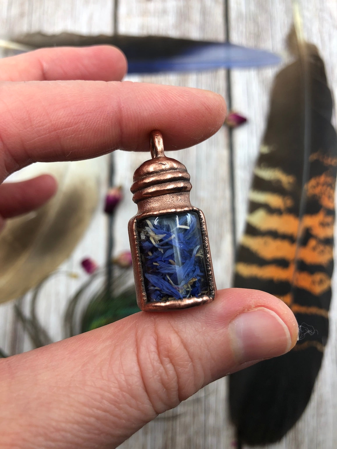 Flower Petal Pendant with Cornflower & Garnet - Electroformed