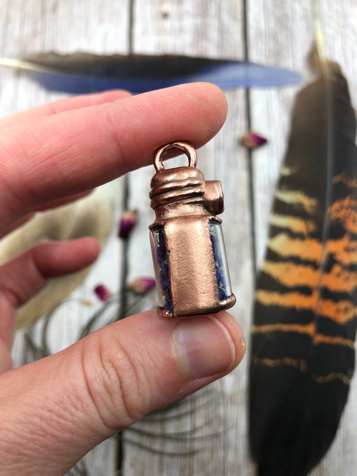 Flower Petal Pendant with Cornflower & Garnet - Electroformed