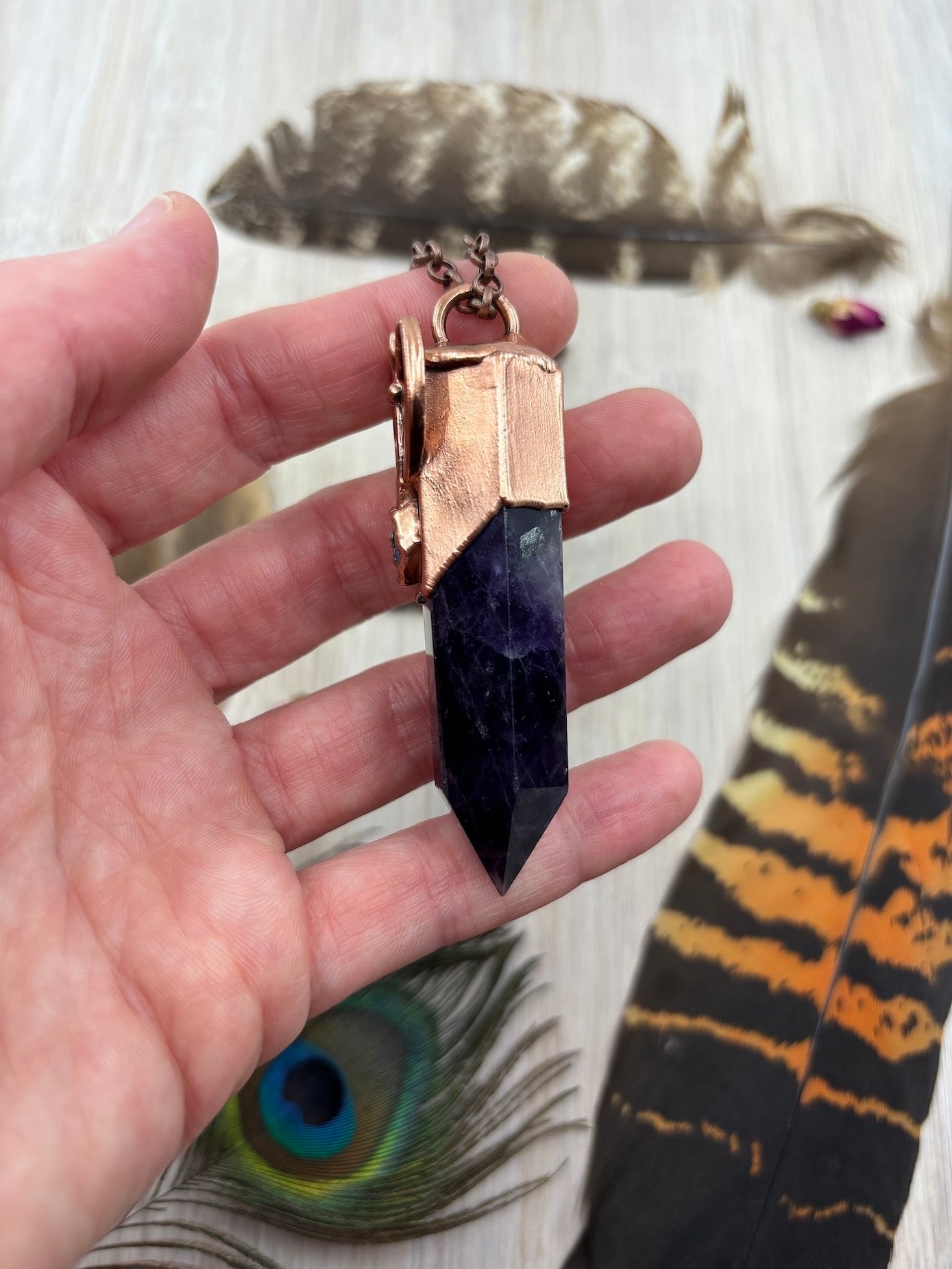 Moon Goddess Pendant with Amethyst Point & Rough Opal - Copper Electroformed