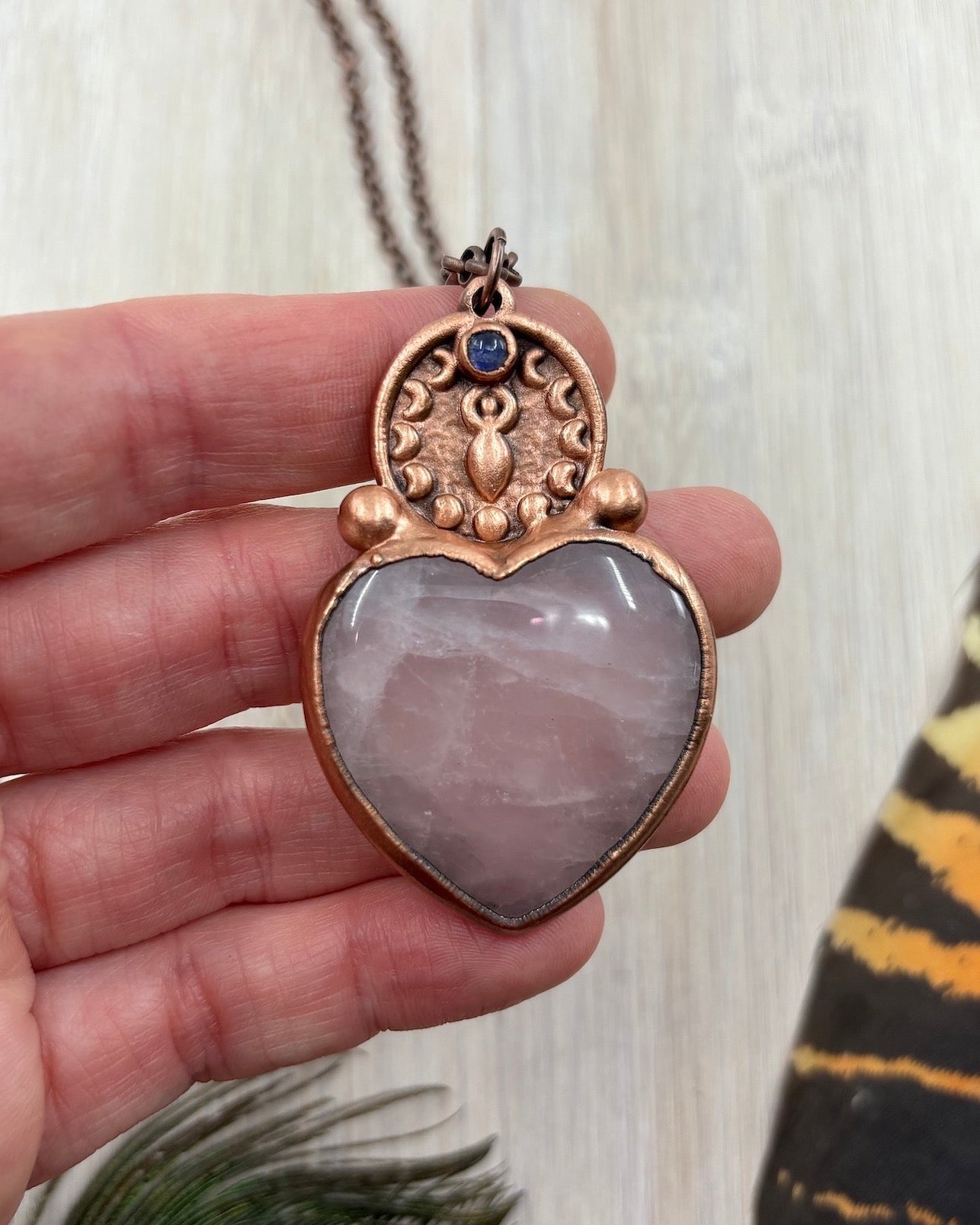 Triple Moon Goddess Pendant with Love Heart Rose Quartz & Labradorite - Copper Electroformed