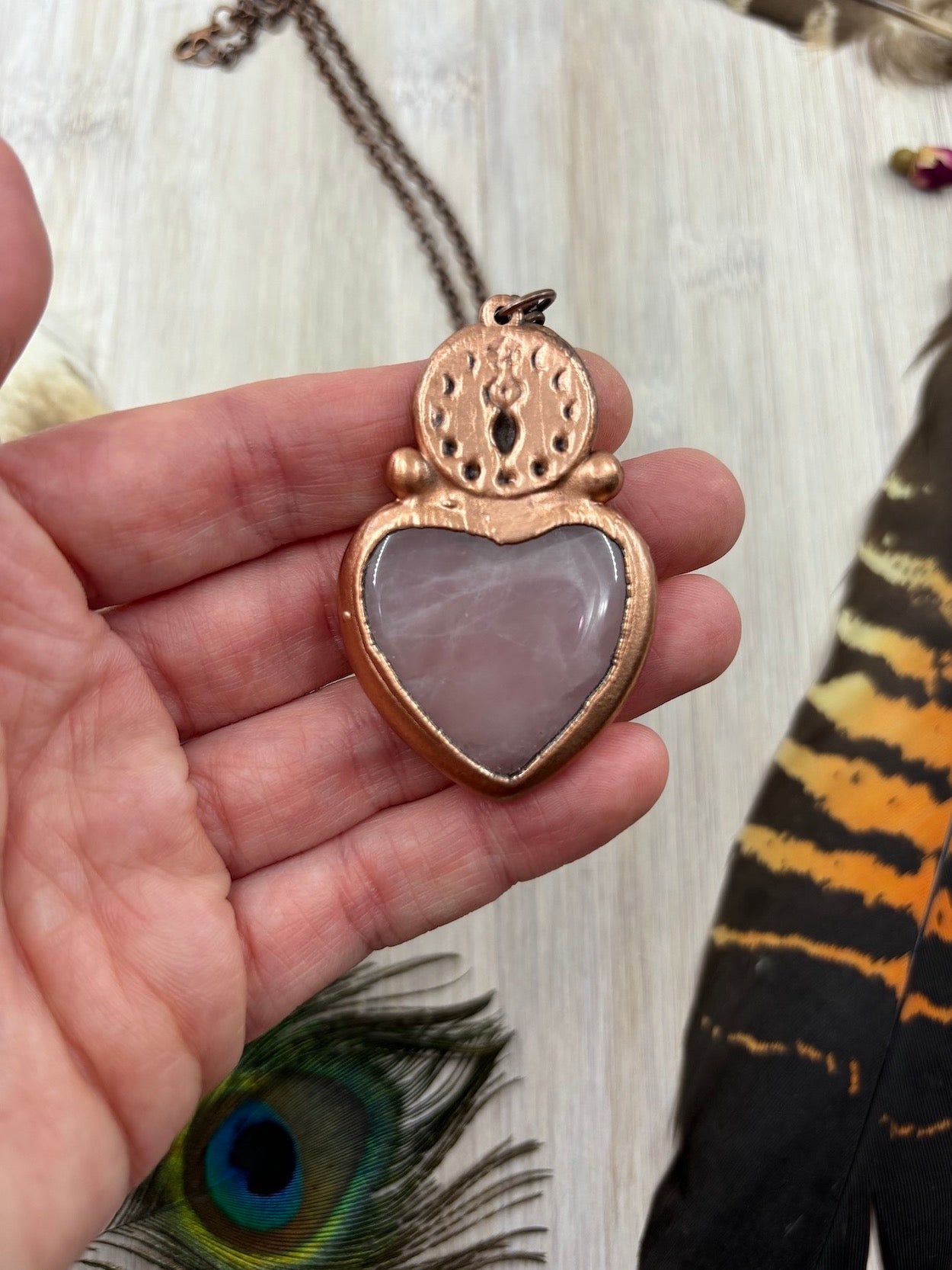 Triple Moon Goddess Pendant with Love Heart Rose Quartz & Labradorite - Copper Electroformed