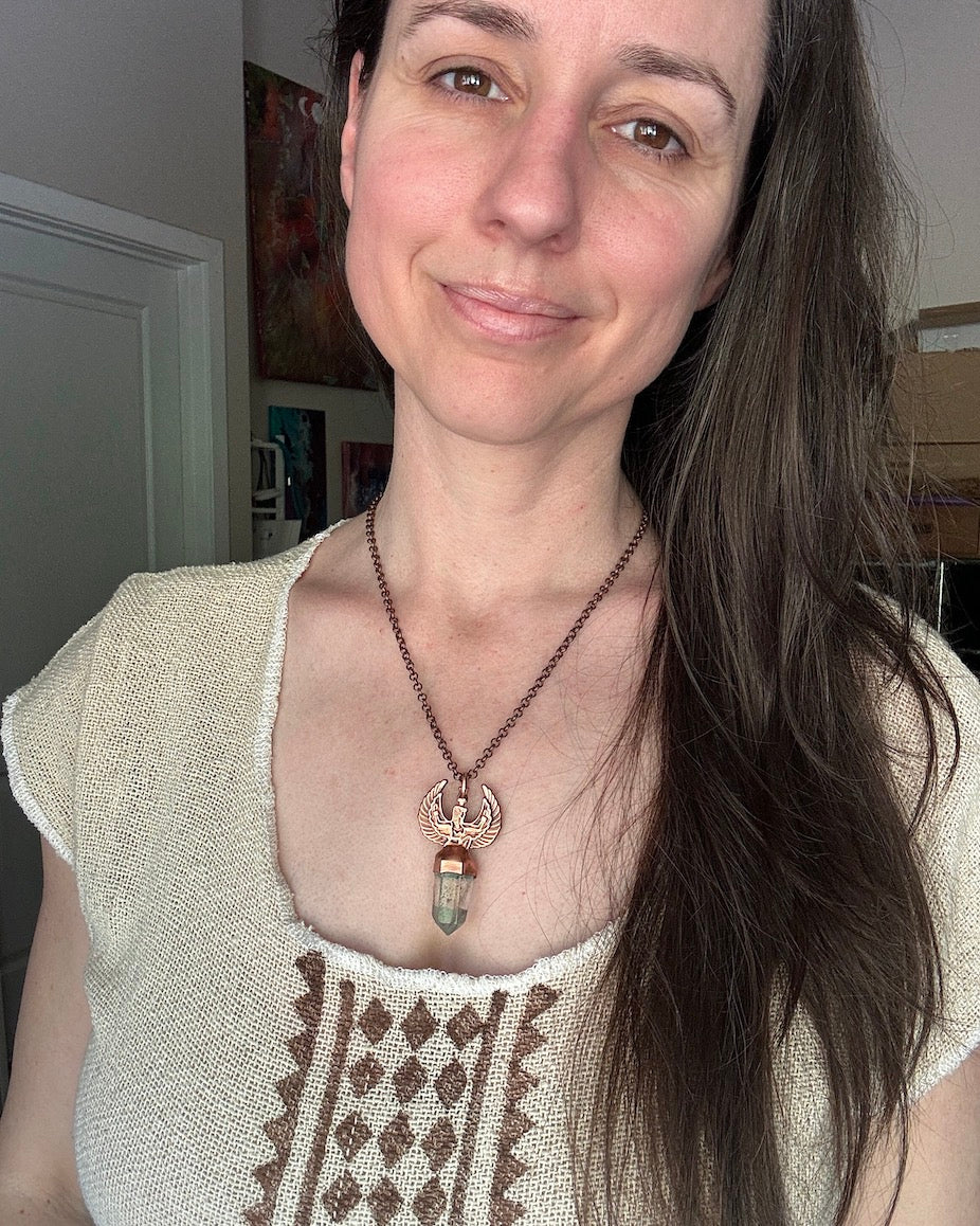 Egyptian Goddess Pendant & Clear Quartz Point with Inclusions - Copper Electroformed