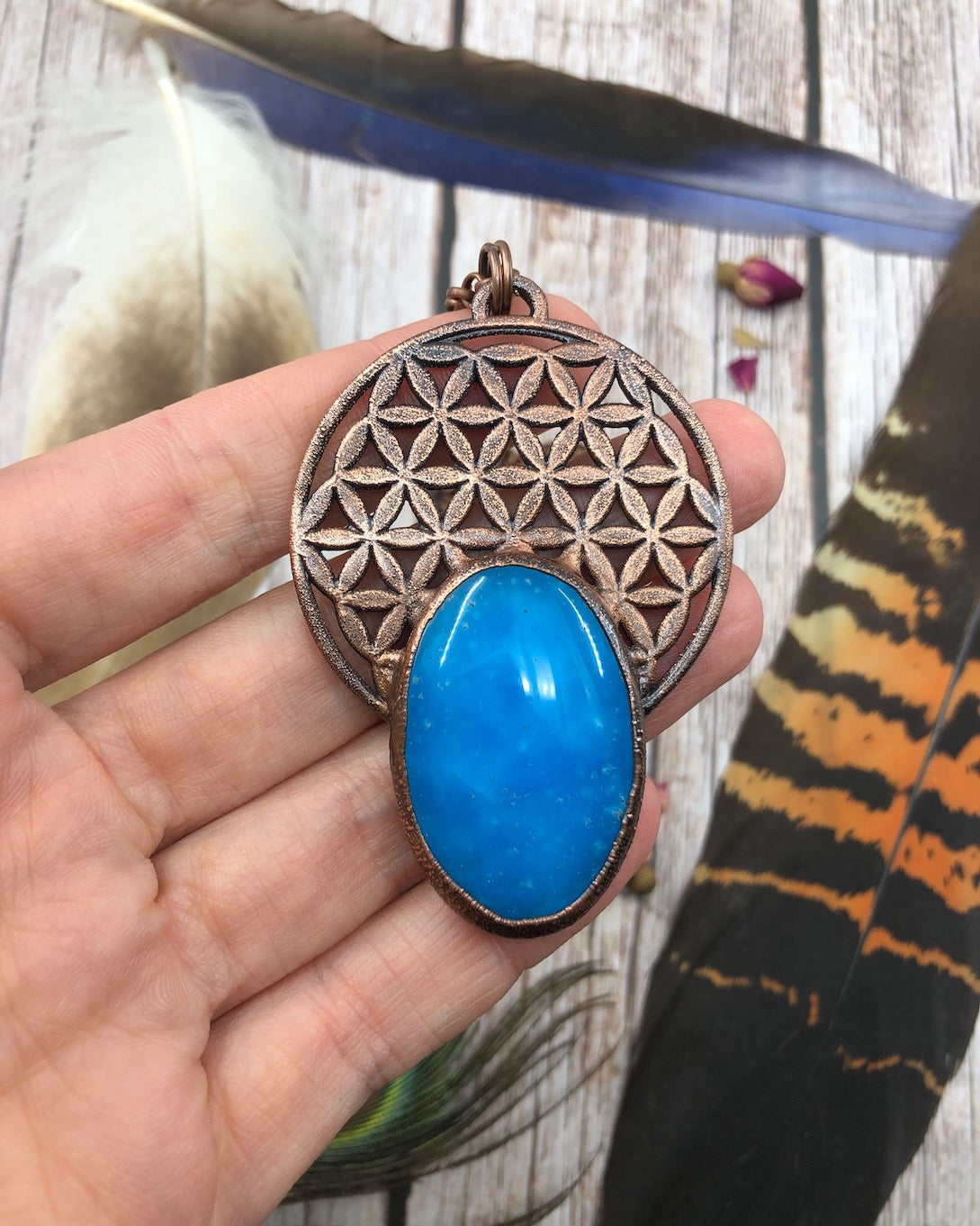 flower of life pendant, copper electroformed with blue hemimorphite