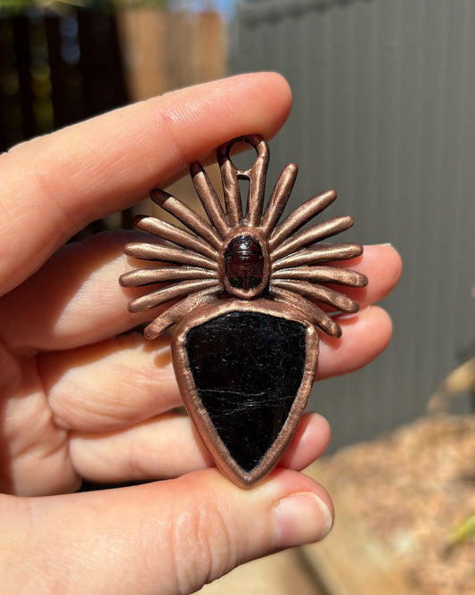 REAL Red Beetle Pendant With Black Tourmaline - Copper Electroformed