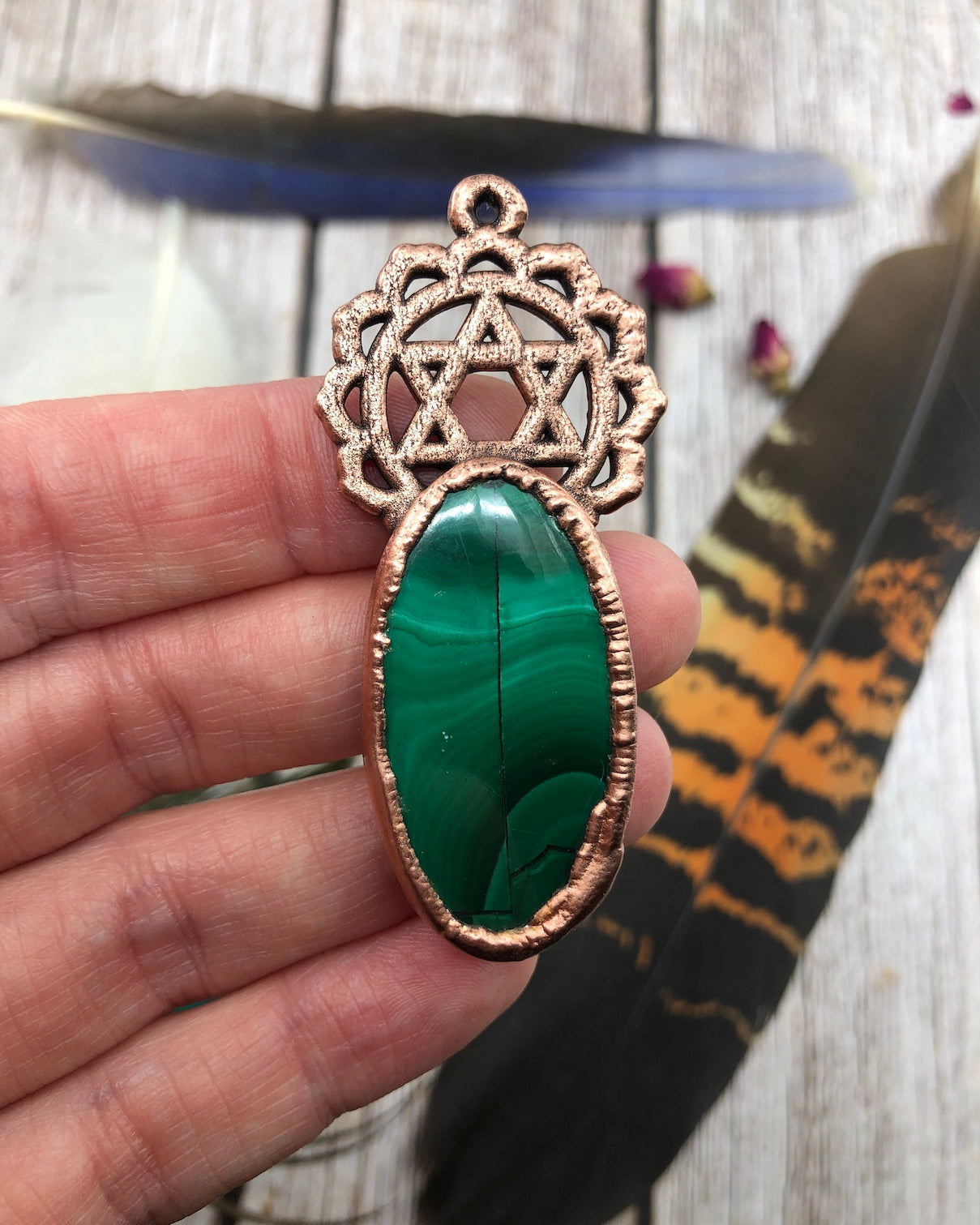 heart chakra copper electroformed pendant with malachite