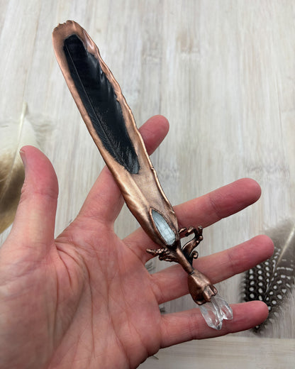 Crow Feather Clear Quartz Healing Wand- Copper Electroformed