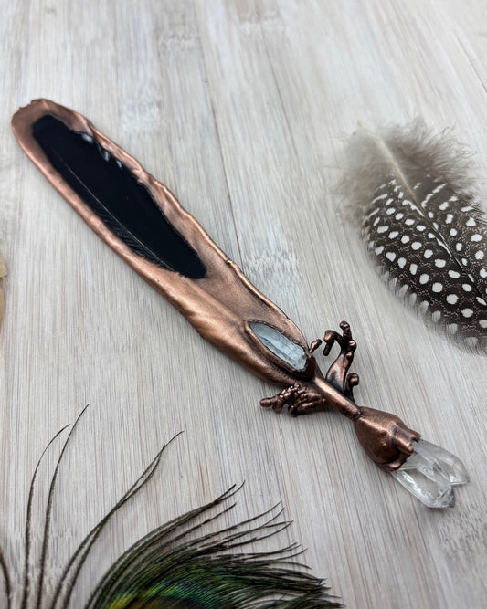 Crow Feather Clear Quartz Healing Wand- Copper Electroformed
