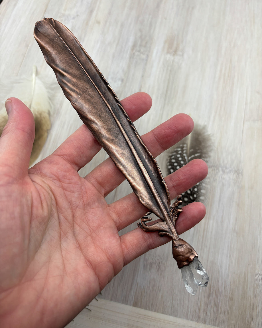 Crow Feather Clear Quartz Healing Wand- Copper Electroformed