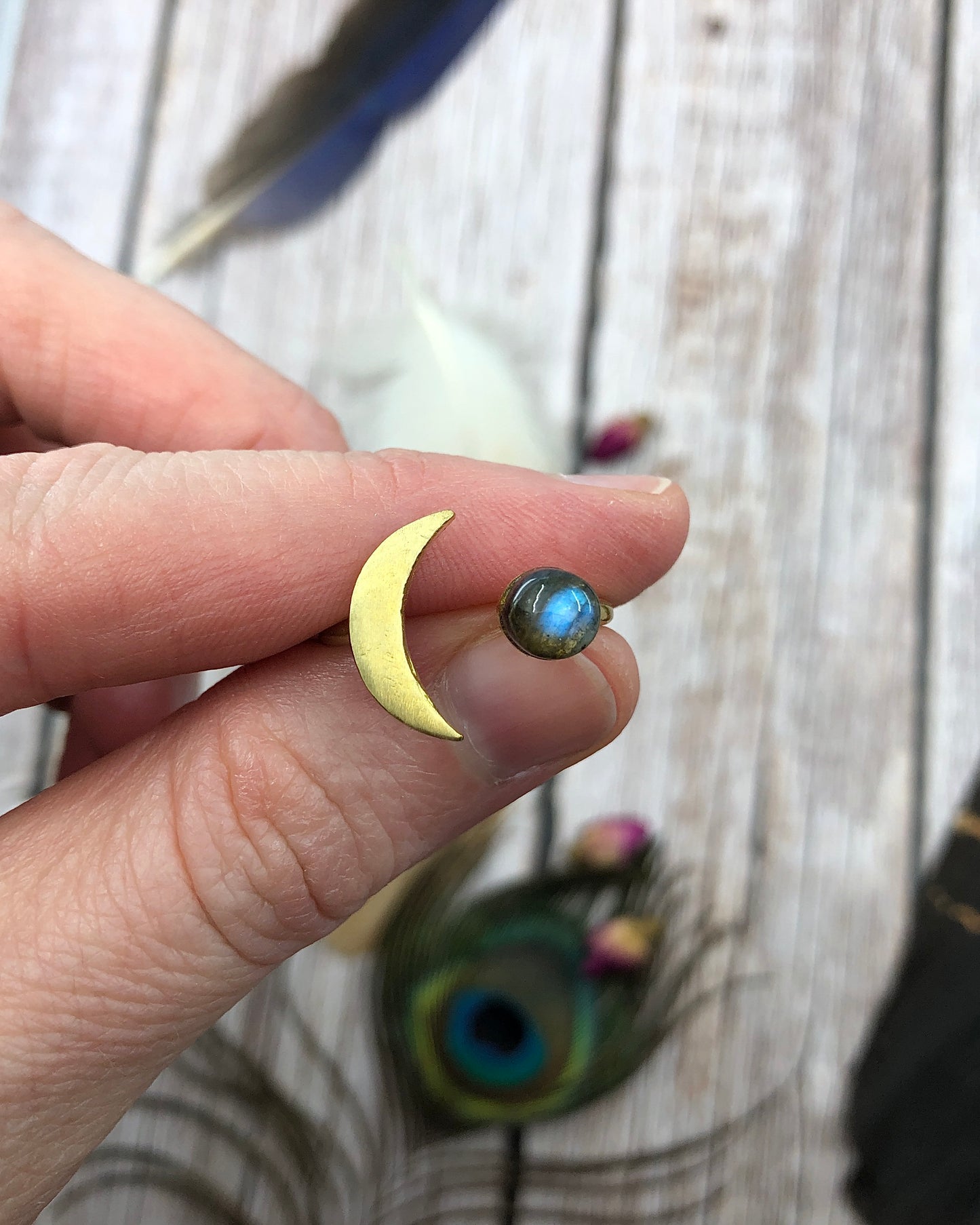 Brass Crescent Moon Labradorite Adjustable Ring - 2