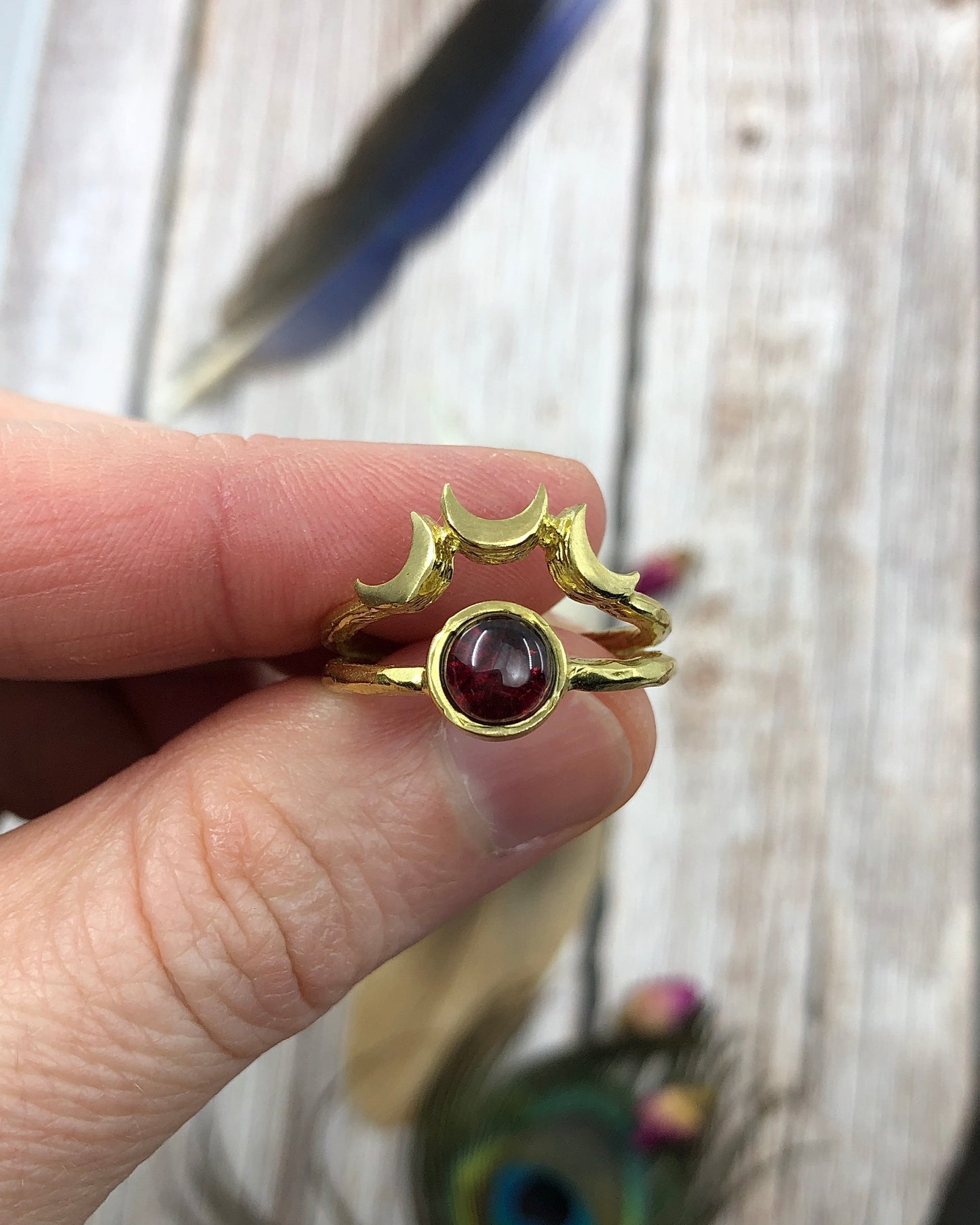 Brass Crescent Moon Garnet Adjustable Ring