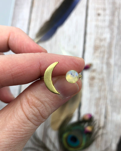 Brass Crescent Moon Rainbow Moonstone Adjustable Ring