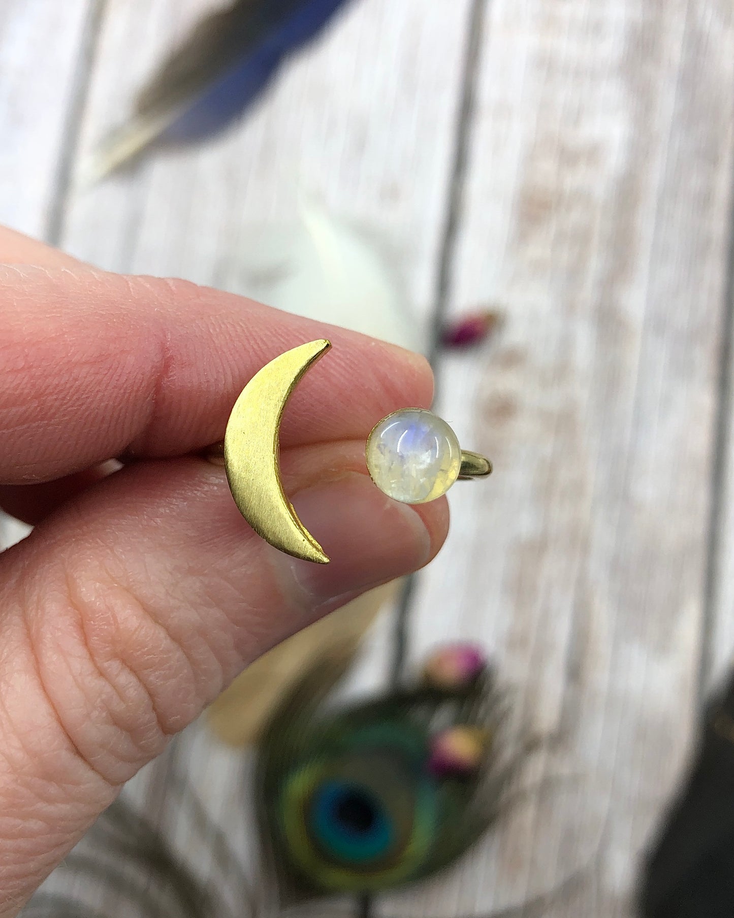 Brass Crescent Moon Rainbow Moonstone Adjustable Ring - 2