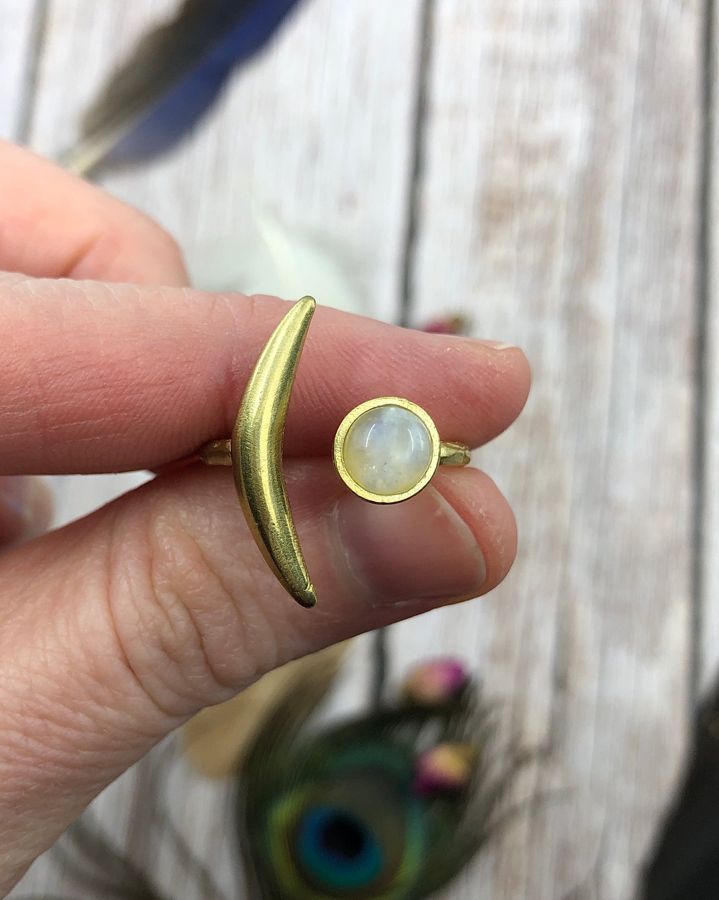 Brass Crescent Moon Rainbow Moonstone Ring - Adjustable