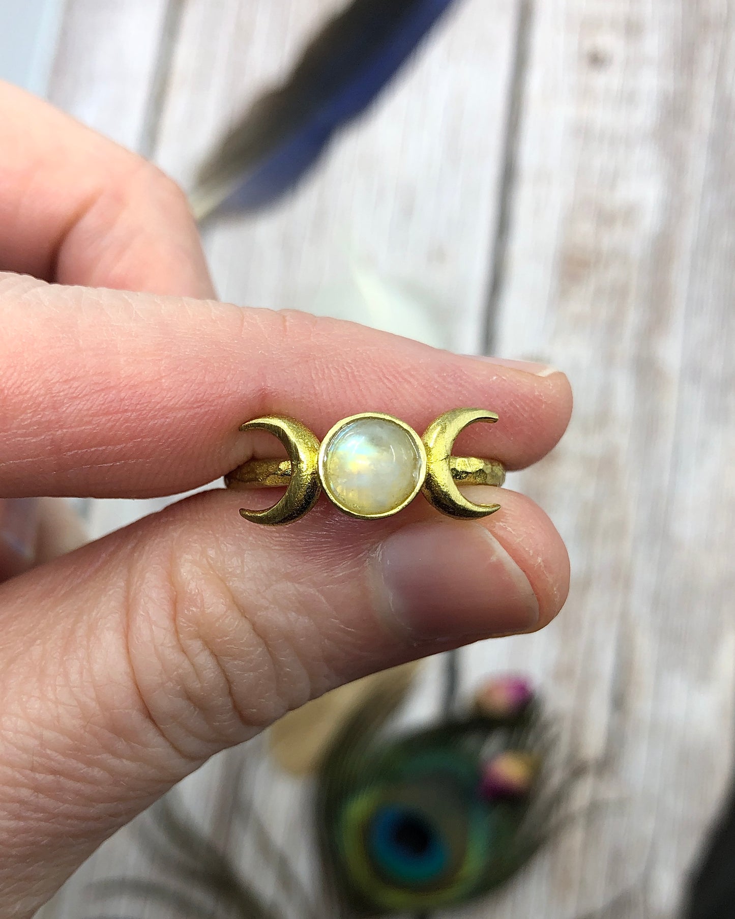 Brass Double Crescent Moon Rainbow Moonstone Ring - Adjustable