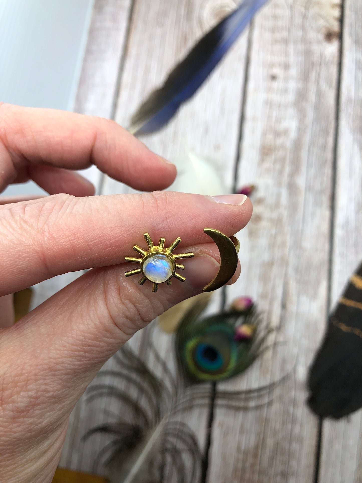 Brass Sun / Crescent Moon Rainbow Moonstone Ring - Size 7