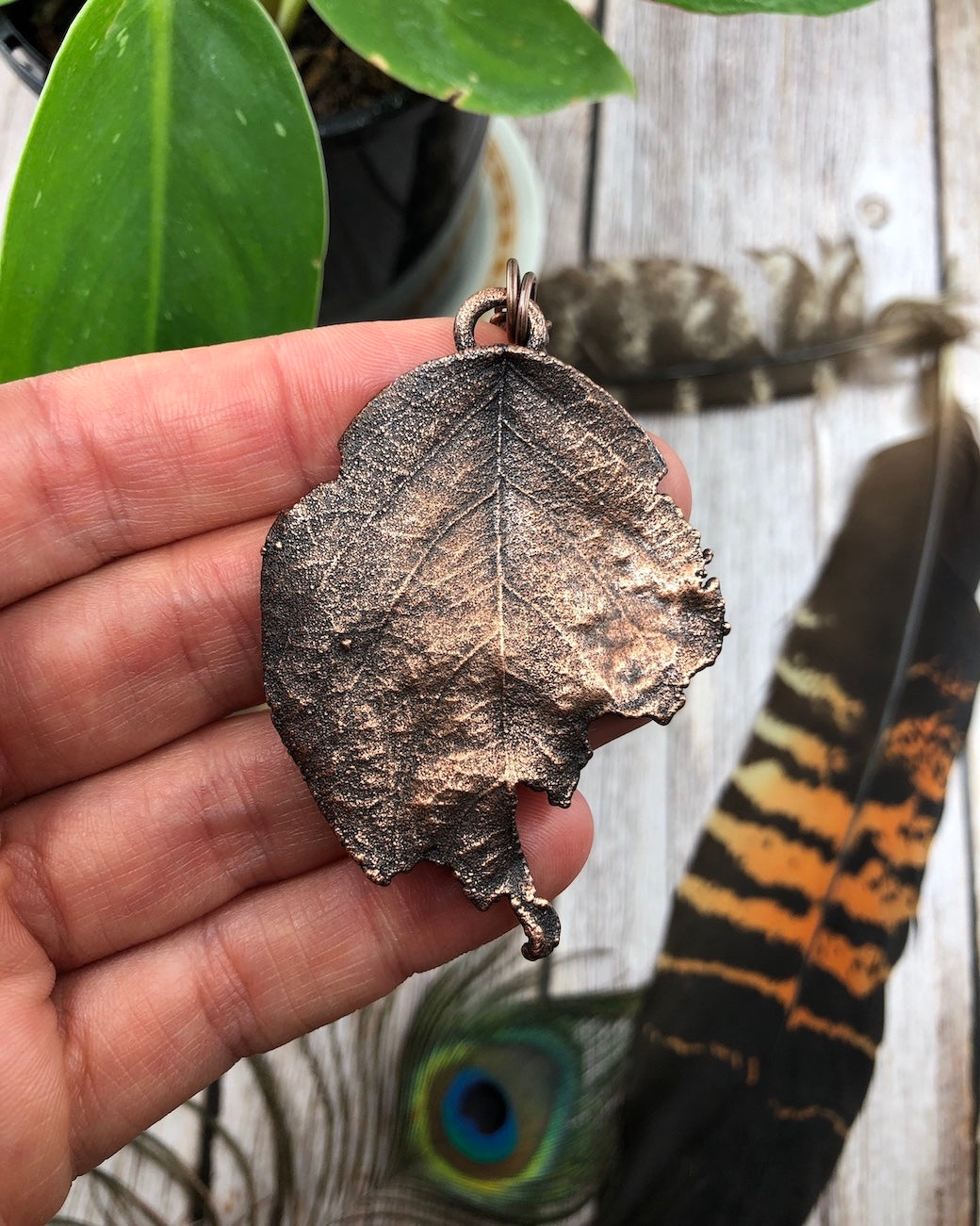 tattered leaf copper electroformed pendant with a real leaf inside