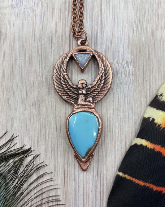 Arizona Turquoise / Rainbow Moonstone Goddess Isis Copper Necklace