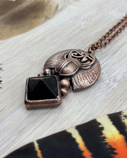 Black Obsidian Pyramid- Scarab Beetle Eye Of Horus Egyptian Copper Necklace